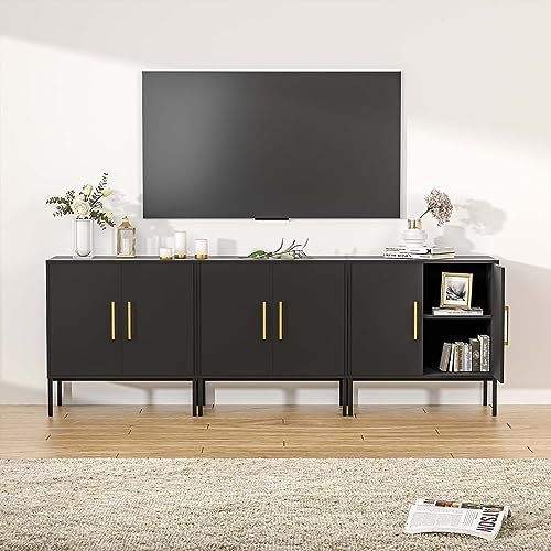 LYNSOM Soporte de TV para TV de 85 pulgadas, mesa de consola central de entretenimiento multimedia, 3 armarios, mesa de consola de TV con armario de almacenamiento para dormitorio, sala de estar, sala