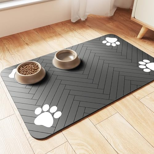 Pet Feeding Mat-Absorbent Pet Placemat for Food and Water Bowl, with Waterproof Rubber Backing, Quick Dry Water Dispenser Mat for Dog and Cat (20x12, Striped Dark Gray)