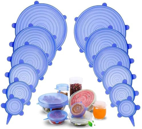 HGKOL 12Pcs Silicone Stretch Lids Reusable Lids Food Covers BPA Free Tin Cover Lids Dishwasher Safe Container Lid Covers for Leftover Food Fruit Bowls Pots - 6 Sizes