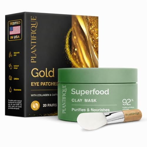 PLANTIFIQUE Koreanische Gesichtsmaske mit Superfoods, 110g & Augenpads Gegen Augenringe und Tränensäcke - 24K Gold Eye Pads, 20 Paar