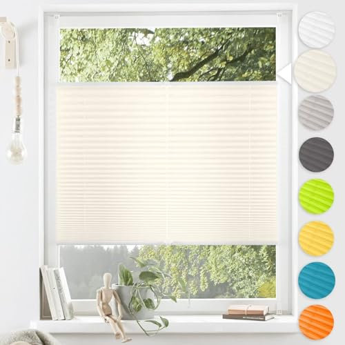 Klemmfix Store plissé sans perçage en aluminium - Beige - 35 x 130 cm (l x h) - Pour fenêtre et porte - Protection solaire et brise-vue - Translucide