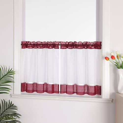 Joyswahl Leinenoptik Scheibengardine im Landhausstil »Jasmin« Cáfe Gardinen Transparent Kurz Küchengardinen Bistrogardinen Wohnzimmer Rot HxB 60x120cm 1 Stück