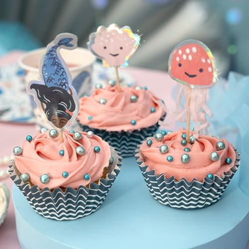 PARTY PARTY 48 Teile Set glitzernde Meerjungfrau CUPCAKE TOPPER + MUFFINFÖRMCHEN Papier, schimmernde Muscheln, Kindergeburtstag Meerjungfrau Muffins Geburtstag Deko