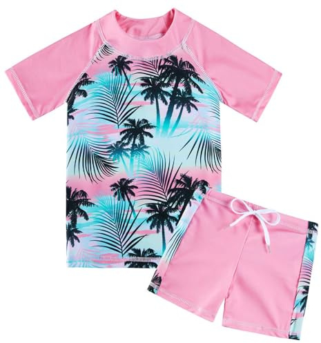 Fanient Girls Two Pieces Swimsuit Kids Short Sleeve Swimming Costume Hawaii Swimming Suit with 50+UV Protection Girls Quick Dry Beach Suit 9-10 Years
