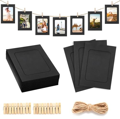 Gyxcelc Cadre Photo en Papier 11.5 * 15.5CM DIY Cadre Photo Carton 20 Pièces Noir Cadre en Carton pour Photo avec 20 Clips et Cordes, pour Décoration Murale