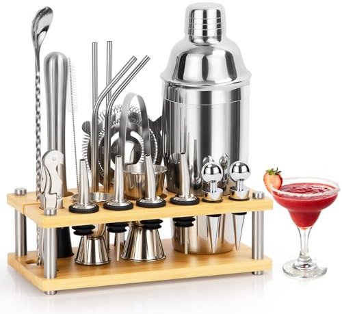 MUUKAIII 750ML Ensemble de Cocktails, 20 Pièces d'accessoires à Cocktail en Acier Inoxydable, Set de Barman Professionnel avec Support et 4 Patchs Antidérapants en Silicone Cadeau pour Hommes Femmes