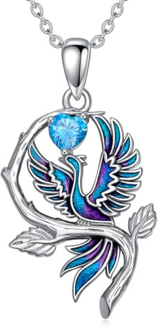LONAGO Phoenix Halskette 925 Sterling Silber Blau Phoenix mit Herz Geburtsstein Anhänger Halskette für Frauen （März）