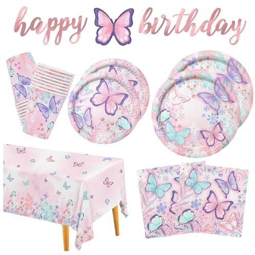 Papillon Vaisselle Anniversaire Fille 52 Pièces Assiette Anniversaire Papillon Decoration pour Fête, Prénatale- 10 Assiettes 7''/9'', 10 Gobelet Carton, 20 Serviette, 1 Nappe, 1 Banderole