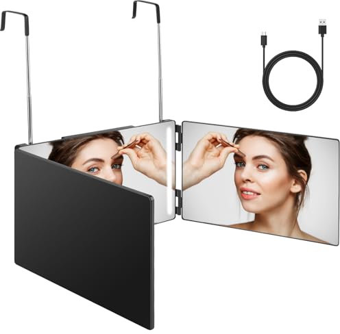 PTSBENCO LED Kosmetikspiegel 360 Grad, Zum Schneiden Von Haaren Hinten, Duschspiegel, Rasieren, Badspiegel, 3 Wege Mit Halterungen, Höhenverstellbar Mit Haken