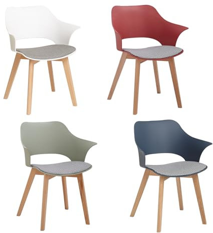 JZGORC Lot de 4 Chaise de Salle à Manger Scandinave, Chaise de Salle à Manger de Style Nordique avec Accoudoirs, Pieds en Hêtre, Chaise de Cuisine Rembourrée à Carreaux en Lin - Couleur Mixte