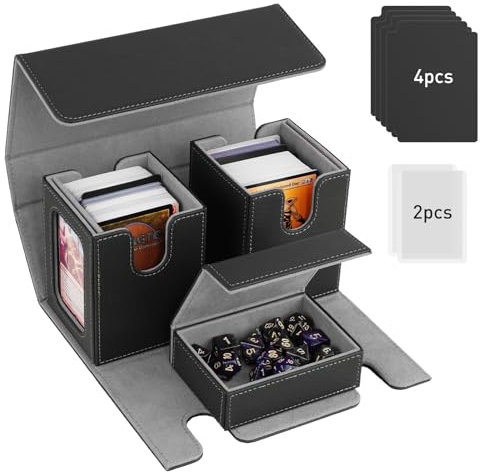 TiMOVO MTG Commander Deck Box, Magnetic Leather Card Deck Case Fits 200+ Double-Sleeved Cards, Card Box with 2 Commander Display & 4 Dividers & Dice Tray Fit YuGiOh TCG CCG Magic Cards, Black & Gray