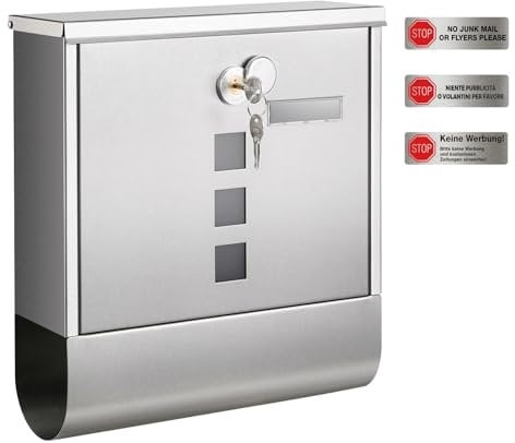 SONGMICS XXL Briefkasten, Edelstahl mit Zeitungsfach, Schloss mit Kupfer-Schließzylinder und drehbarer Abdeckung, Sichtfenster, Namensschild, einfache Montage, 11 x 37 x 37 cm, silbern GMB120E01