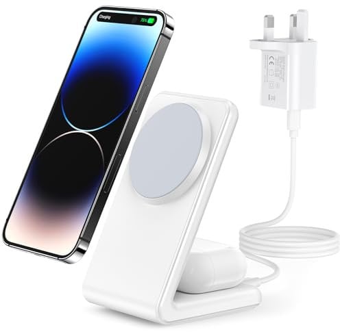 Meifigno 2-in-1 for Magsafe Charger Stand with [PD3.0 20W USB-C Charger Block & Cable] - Fast Charging Wireless Charger for iPhone 17/16/15/14/13 Pro Max, AirPods 3/Pro 2/Pro, White