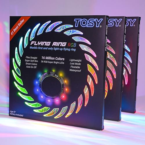 TOSY Fliegender Ring – 16 Millionen RGB-Farben, hell, automatisches Aufleuchten, sicher, wasserdicht, leichtes Frisbee, Geschenk zum Geburtstag, Ostern, Weihnachten für Kinder, 3er-Satz