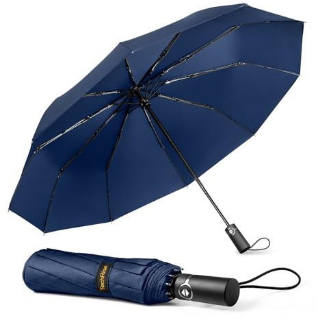 TechRise Parapluie Pliable, Parapluie Automatique Compact Coupe-vent avec 10 Baleines, Ouverture et Fermeture Automatiques à un Seul Bouton, Parapluie de Voyage Portable pour Hommes et Femmes, Bleu