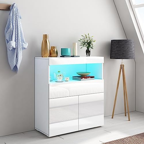 Sideboard Schrank, Modernes Wohnzimmer Schrankeinheit Hochglanz mit 2 Türen 1 Schublade und Regal für Wohnzimmer mit LED Licht, Aufbewahrungsschrank für Esszimmer Wohnzimmer Flur, 80x35x90cm (Weiß)