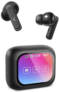 KSIX Vision Auriculares Inalámbricos con Cancelación de Ruido ANC y ENC - Auriculares Deportivos con Control Táctil y Pantalla TFT Táctil - Earphones Negros con Asistente de Voz 20h