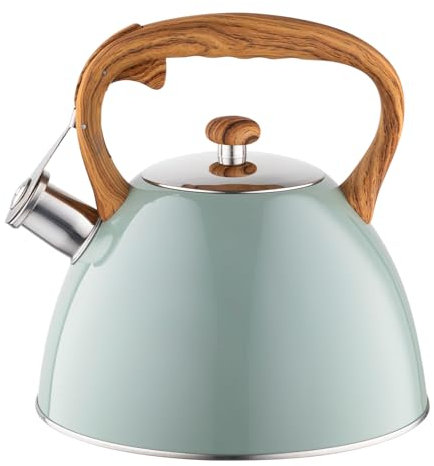 FLORINA Wasserkessel (2,5 l) I Edelstahl Teekessel FRANK I Flötenkessel mit Holzgriff I Automatischer Pfiff I Wasserkocher für Induktionsherd, Gasherd und Elektroherd I Farbe: grün matt