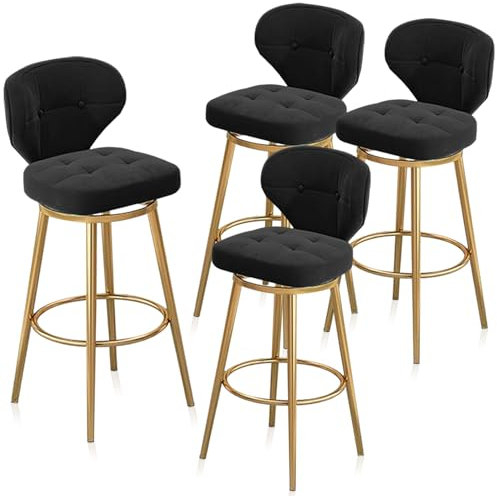 Guyifuny Juego de 4 taburetes de Bar giratorios, Silla tapizada de Altura de mostrador, Respaldo ergonómico, Patas de Metal Dorado, taburetes Altos para Isla de Cocina, Barra de casa, Negro, 75 cm