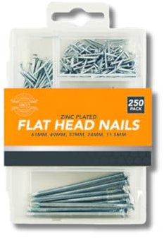 ARCUS 250 Pack Assorted Nails - Flat Head Nails For Wood, Hanging Pictures, Mounting Shelves - Home Improvement DIY Craft - Small, Medium & Long Iron Nails - Furniture Repair Woodwork Garden Fix