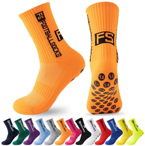 MPXEAVG 3 Paare Socken Fussball, Grip Socken Fußball, Fußballsocken Herren Damen, Rutschfeste Sportsocken für Fussball Basketball Laufen(Orange)