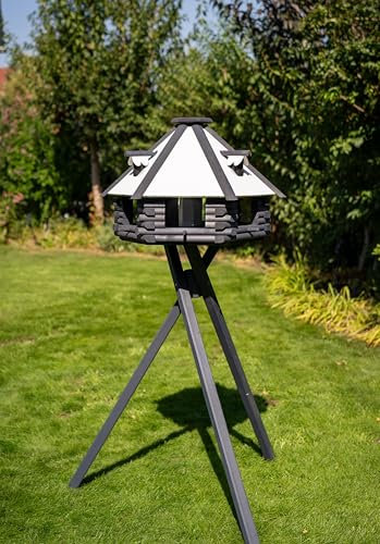 Vogelhaus V13 XXL Stein Weiss, grau (Vogelhaus mit Ständer und Solar, anthrazit, weisses Dach)