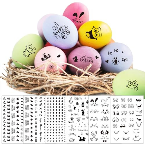 BOOMTOP 6 Bögen Ostern Eier Sticker Tattoos Eierfarben Ostern Deko Aufkleber Ostereier Färben Lustige Gesichter Augen Mund Frohe Ostern Basteln Buchstaben Osterhase Aufkleber Osterdekoration Schwarz