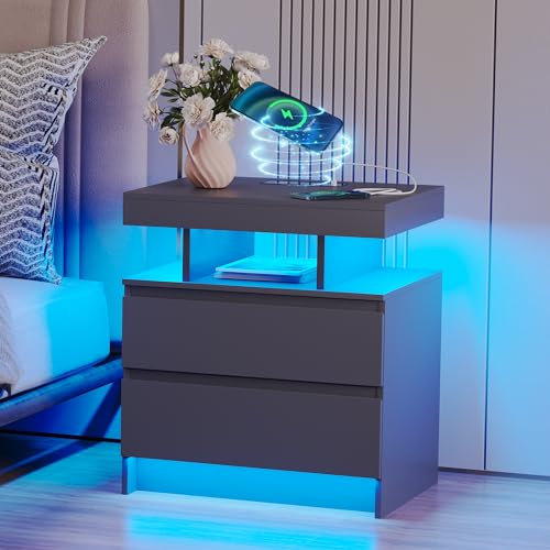 Vlsrka LED Table de Chevet avec Station de Charge & USB, Table de Nuit Intelligente avec Prise de Courant, Moderne Chevet de lit Bois avec 2 tiroirs, 3 Couleurs de lumière, Chambre à Coucher, Gris