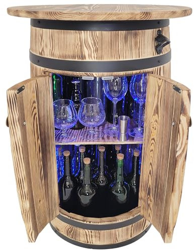 weeco Holzbar Fass mit RGB LED Ablage zur Aufbewahrung von Alkohol, Dekoratives Barschrank mit Regalböden und Türen, Weinregal für Wohnzimmer oder Küche, 80x55x44 cm