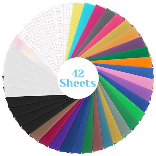 42 Stück Plotterfolie Vinyl Selbstklebend mit 6 Plotter Transferfolie Set, 14 x 30,5cm Vinylfolie Plotter Zubehör Selbstklebende Folie Klebefolie für Cricut Joy Maker 3 Zubehör Folie DIY Dekoration