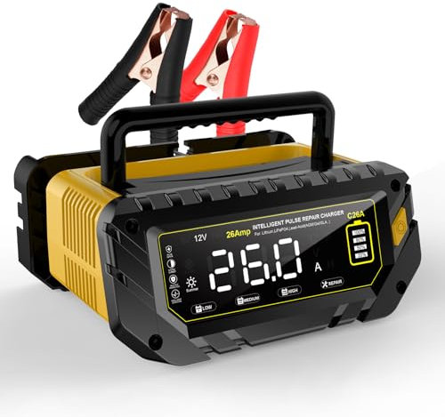 26 Amp Battery Charger, 6V/12V/24V Lithium LiFePO4 Lead Acid Smart Car Battery Charger, Automotive Maintainer Trickle Charger for Car, SUV, Motorcycle, Boat, Lawn Mower