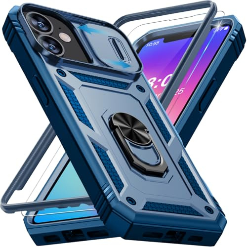 Giyer Handyhülle für iPhone 12/12 Pro Hülle mit Schutzfolie, Panzerhülle Case mit Kameraschutz 360° Metall Ring Ständer Stoßfest Bumper Schutzhülle für iPhone 12/12 Pro Cover Tache (Blau)