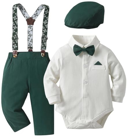 Fohuanky Weihnachtsanzug für Jungen mit Fliege, Hosenträger & Flachmütze - Festlicher Strampler im Gentleman-Look für Babys