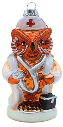Dekohelden24 Lauschaer Christbaumschmuck - Christbaumkugeln Lauscha, Glaskugeln, Weihnachtsbaumkugeln, Glasornament Eule, Glasbehang Eulenkrankenschwester in weiß, aus Lauscha, L/B/H 5 x 4 x 11 cm.