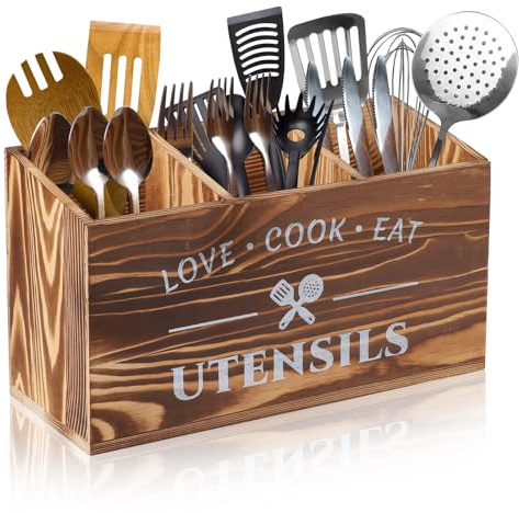 lalago 3 Scomparti per Utensili da Cucina in Legno, Organizer da Cucina, Portautensili da Cucina in Legno, Organizer per Piano di Lavoro Della, Decorazione Rustico Marrone