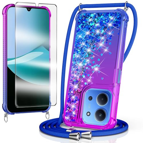 WQRTYJK Handyhülle für Xiaomi Redmi 15C Hülle mit Band, Darkblau/Violett | 1*Stück Schutzfolie,Glitzer Transparent Weich Silikon,Necklace Schutzhülle,Flüssigkeit Treibsand,zum Umhängen Kordel,Mädchen