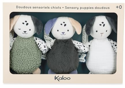 KALOO – Sensorische Kuscheltiere Welpen – Set mit 3 Babyspielzeugen ab Geburt – Weiche Plüschtiere mit kontrastreichen Texturen und Farben – Geburtsgeschenk – K227007