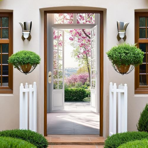 Rouge Papier Peint Porte 73x204 cm Belle vue depuis le jardin du balcon Trompe l'oeil Sticker Poster Porte Trompe l'oeil Intérieure Muraux PVC pour Décoration Mur Salon Cuisine Chambre Salle de Bain