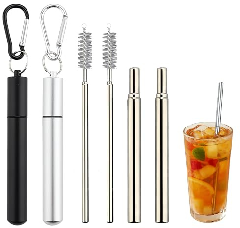Travel Straw, 2 Pcs Collapsible Metal Straws Drinking, Portable Stainless Steel Straws with Storage Case, Reusable Telescopic Straw for Outdoor Activities and Daily Hydration