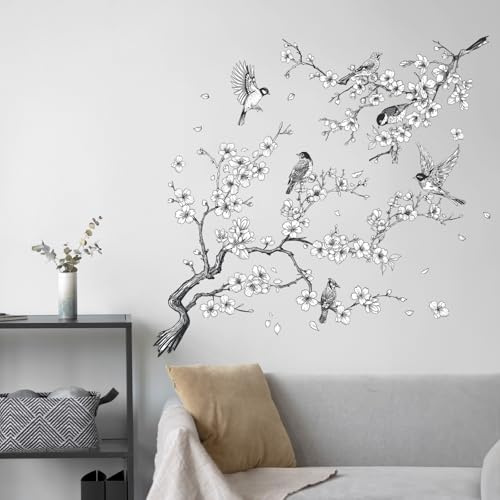 FUFUQUARE Wandtattoo Schwarz Weiß Baum Kirschblüten Wandaufkleber Zweig Vögel auf Ast Wandsticker Natur Selbstklebend für Wohnzimmer Schlafzimmer Flur Sofa Hintergrund Wanddeko