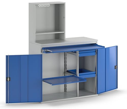RAU | Computer-Arbeitsstation | Monitorgehäuse | 1 Ausziehboden | 2 Schubladen | Breite 1100 mm | lichtgrau/enzianblau