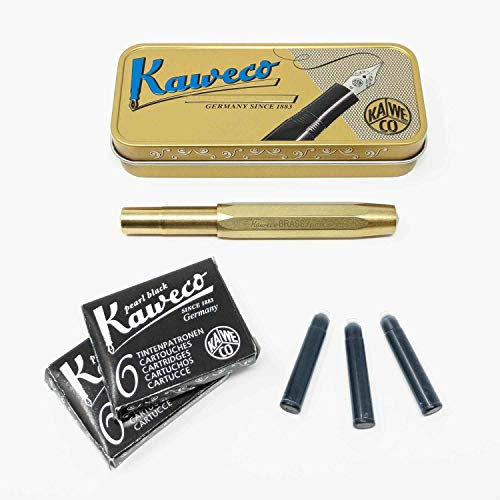 Kaweco Sport Fountain Pen Brass Nib Size M Set with 12 Original Kaweco Ink Cartridges Pearl Black