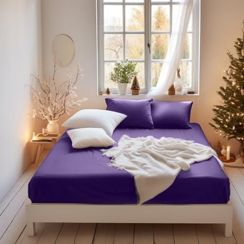 MOHAP Warm Double Size Fitted Sheet Purple with Extra Deep 30 cm Pocket Bed Sheet Only Bedsheet Brushed Microfiber Bottom Sheet for Double Bed 135x190 Purple