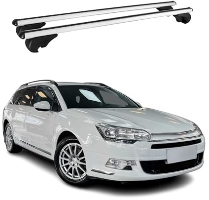 OMAC Aluminium Dachträger Querträger für Citroen C5 Tourer 2008-2017 – TÜV/DIN 75302:2019 – Abschließbar – Max. 75 kg – 2 Stangen Silber