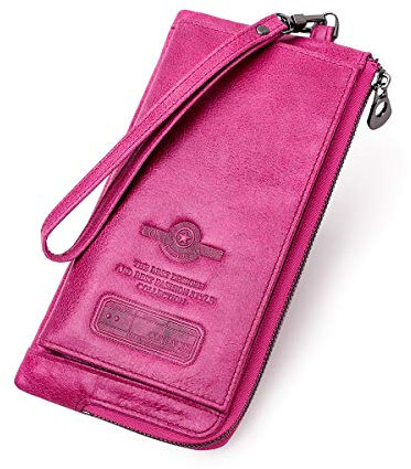 CONTACTS Portafoglio in pelle cerniera bloccante RFID,portamonete con carta di grande capacità,pochette con cinturino polso per donna/uomo (Rosa Rossa)