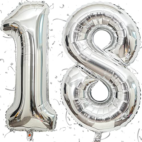 Palloncino gigante digitale, numero 18, in argento, per 18° compleanno, per ragazzi o ragazze, in lamina di Mylar con numero grande di palloncini per feste di compleanno, anniversario (numero 18)