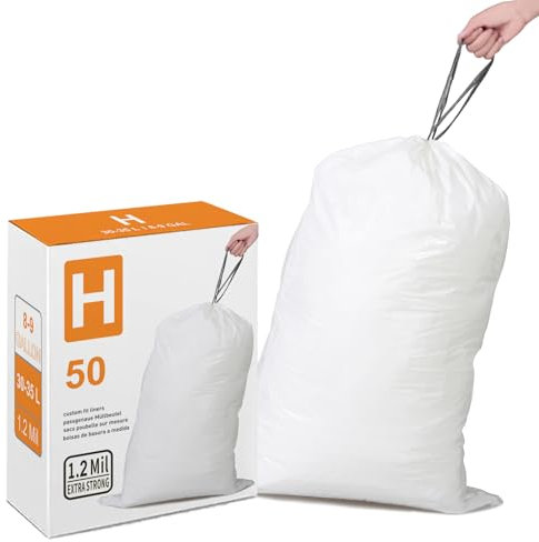 Simplelisa Code H Müllbeutel aus Kunststoff, robust, mit Kordelzug, kompatibel mit Simplehuman Code H, 1,2 mm, weiße Müllbeutel, 30-35 l, 50 Stück