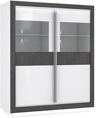 Newroom Vitrine Betonoptik und Weiß Hochglanz Vitrinenschrank Modern - 133x161,8x53 cm (BxHxT) - Glasvitrine Standvitrine Glasschrank - [Minou.Three] Wohnzimmer Wohnstube