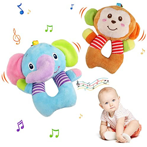 JoyPlus Greifling zum Rasseln, 2 Stück Baby Rasseln Spielzeug, Cartoon Tier Rassel mit Klingel Glocke, Baby Sensorik Spielzeug, Neugeborenes Rasselgeschenk für Jungen Mädchen (Elefant, Affe)