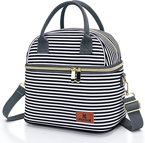 Hafmall Insulated Lunch Bag for Women Men, 9L Dual Compartment Lunch Cool Bag for Work School, Adult Lunch Bag with Shoulder Straps, Stripe